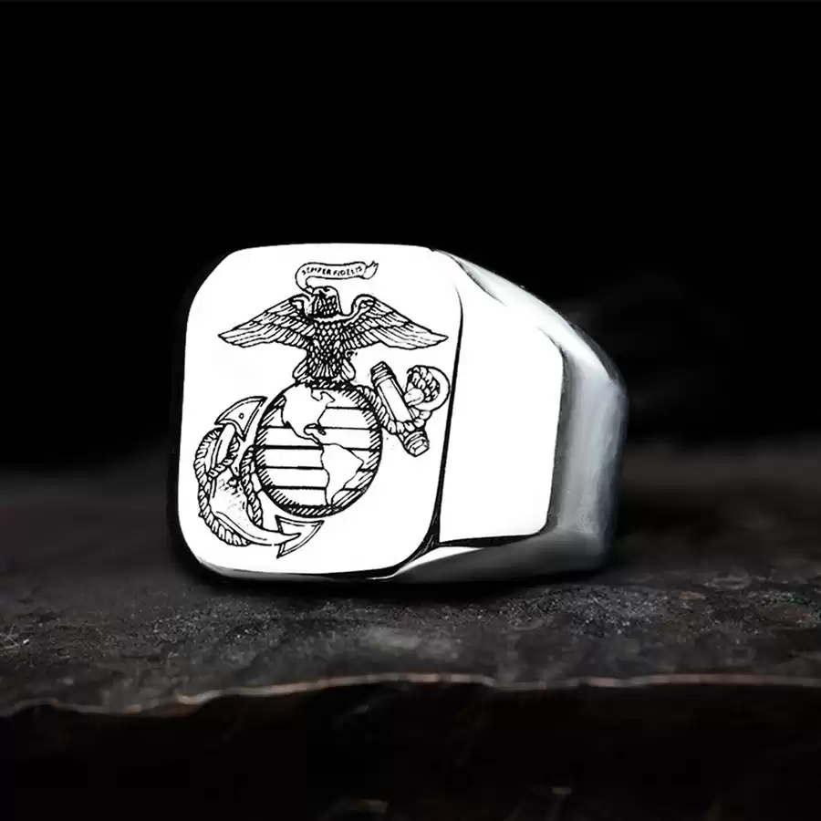 Gthic Eagle Globe and Anchor Sterling Silver Ring