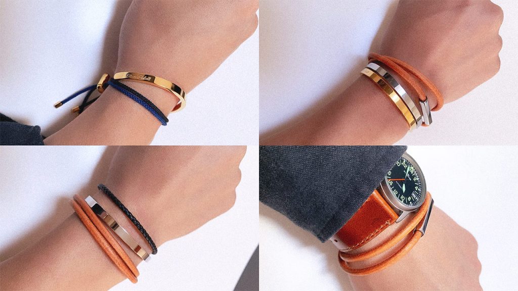 four pictures showing gold and silver metal bracelets on wrist 