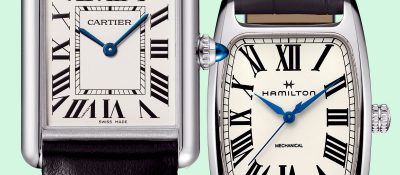 cartier tank and hamilton watch on green background