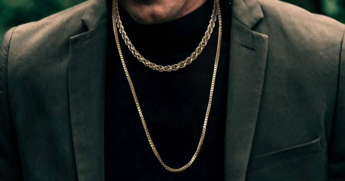 close up of chain on man