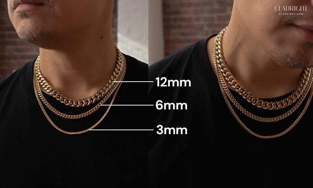 closeup of man wearing chain necklaces of different thicknesses