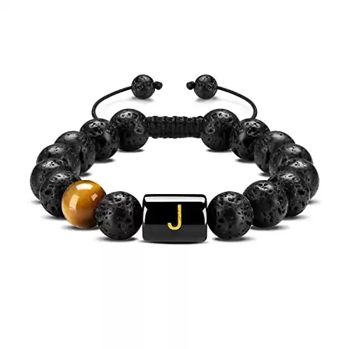 FRG Volcanic Rock and Tiger's Eye Bead Bracelet With Initial